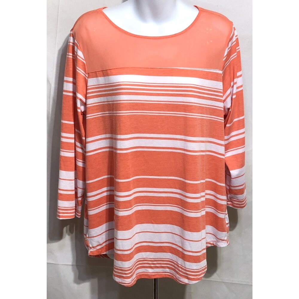 Bobbie Brooks Jersey Mesh Pullover Top XL Orange Wht Stripe 3/4 Sleeve Round Hem
